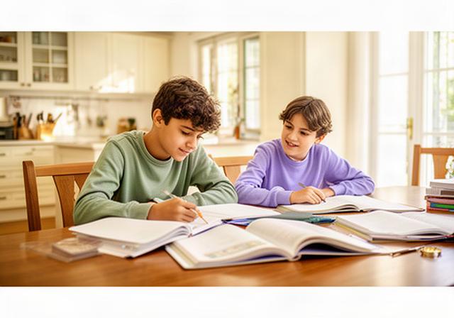 Hermanos adolescentes estudiando juntos en una mesa luminosa de una vivienda familiar del País Vasco