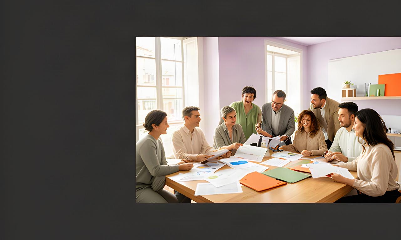Equipo de asesoría financiera reunido en una oficina luminosa de Irun, revisando planes familiares